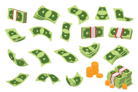 Various dollar illustration flat set. Flying dollars banknotes. Vector cartoon illustrationのイラスト素材