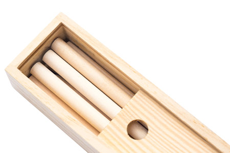 Closeup wood case of pencil on white backgroundの写真素材