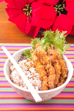 shrimp tempura and stream rice. verticalの写真素材