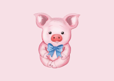 Little pig with a blue bow. Cute watercolor illustrationのイラスト素材