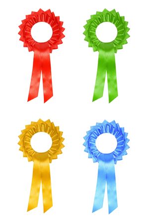 four multi-coloured winner's ribbons isolated on whiteの写真素材