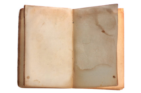 old open book with empty stained sheets isolated on white