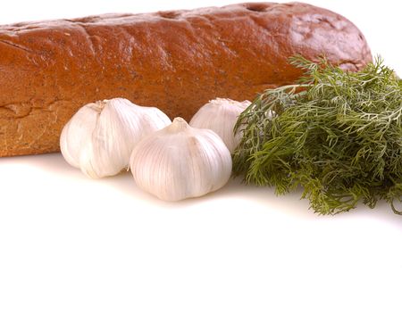  bread, garlic, bunch of dill  isolated on whiteの写真素材