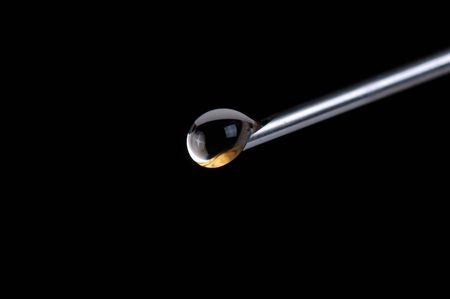 medicine drop hanging  on tip of syringe needle macro shotの写真素材