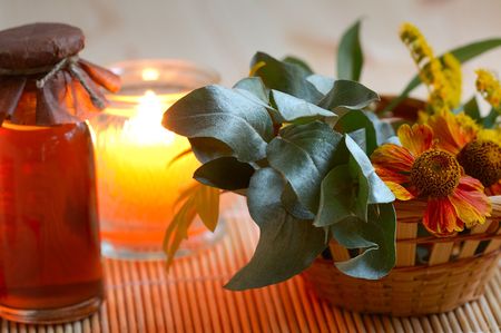 candle, massage oil, flower for spaの写真素材