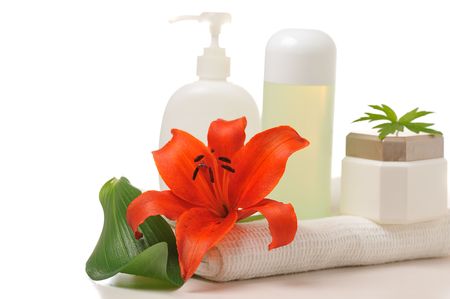 spa  still life with red lily isolated on whiteの写真素材