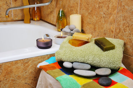 spa in home bathroom with handmade herbal soap