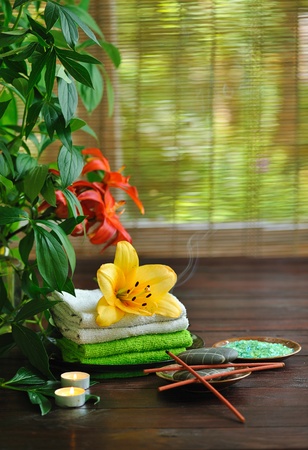items for  spa with lily and foliageの写真素材
