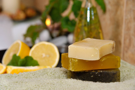spa in home bathroom with handmade herbal soap