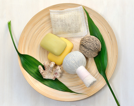 natural items for spa and massage on dishの写真素材