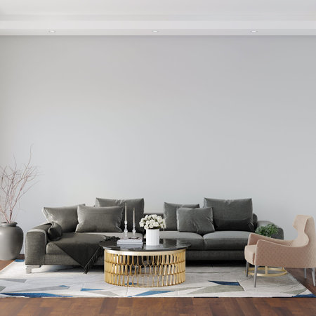 3d render, living room interior with sofa, wall mockup