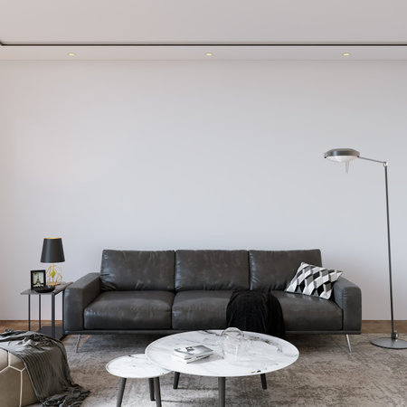 Living room interior with sofa, 3d render, wall mockup