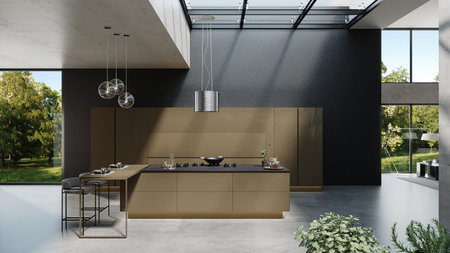 Modern style kitchen with living room design and plants, 3d render