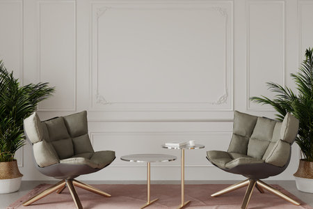 Modern living room with armchairs and plants, 3d render, wall mockup