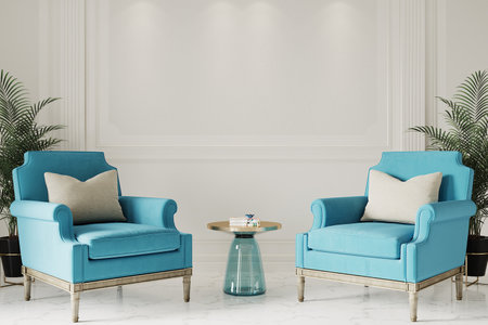Modern living room with blue armchairs, 3d render, wall mockupの写真素材