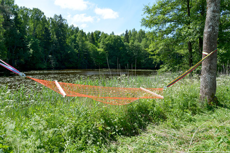 The orange hammock suspended on the bank of the forest lakeの写真素材