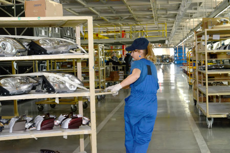 The female collector transports a rack with automobile headlights. Assembly shop of automobile plant