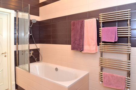 Bathroom interior with the hanging towels