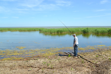 The elderly man catches fish a rod in a creek of the Baltic Seaのeditorial素材