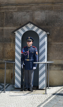 PRAGUE, CZECH REPUBLIC - MAY 25, 2014: The sentry costs on a post in Prague, the Czech Republicのeditorial素材