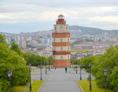 View of a memorial "In memory of the seamen who were lost in a peace time". Murmanskの写真素材