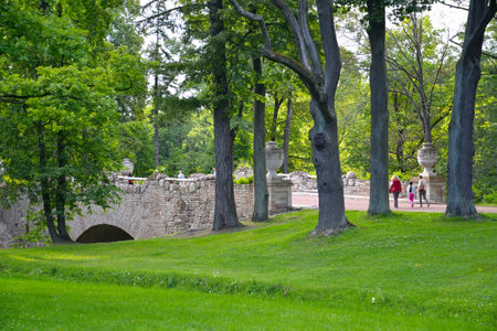 PETERHOF, RUSSIA - JULY 24, 2015: Ruinny Bridge in park Alexandriaのeditorial素材