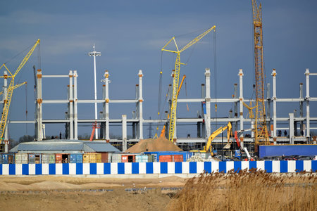 KALININGRAD, RUSSIA - APRIL 11, 2016: Construction of stadium for carrying out games of the FIFA World Cup of 2018のeditorial素材