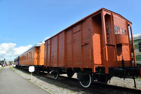 ST. PETERSBURG, RUSSIA - JULY 23, 2015: The car the covered two-axis No. 657-582 with the brake platform costs at the platformのeditorial素材