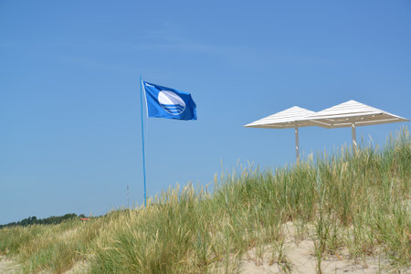 AMBER, RUSSIA - JUNE 27, 2016: The international sign of beaches "Blue flag" is set on the Baltic coast, the Kaliningrad regionのeditorial素材