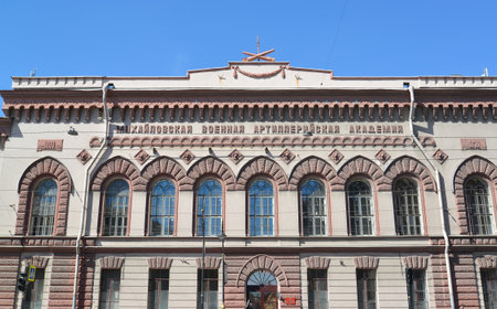 ST. PETERSBURG, RUSSIA - JULY 11, 2014: Mikhaylovsky military artillery academy. An inscription on a facade in Russian:" Mikhaylovsky military artillery academy"のeditorial素材