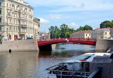 ST. PETERSBURG, RUSSIA - JULY 16, 2014: A view of the Red bridge in summer sunny dayのeditorial素材