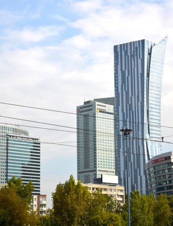 WARSAW, POLAND - AUGUST 23, 2014: Skyscrapers and InterContinental Warszawa hotel near Sredmestyeのeditorial素材
