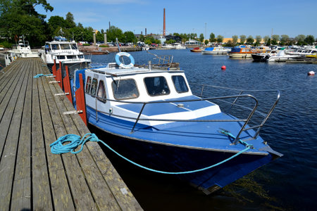 KOTKA, FINLAND - JULY 12, 2014: Boats stand near the mooring in the gulf Sapokkaのeditorial素材