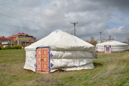 ELISTA, RUSSIA - APRIL 22, 2017: The museum of the oyrat-Mongolian nomadic culture in two Kalmyk tilt cartsのeditorial素材