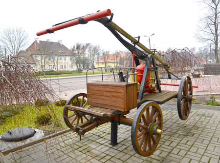 Ancient fire pomp on horse draft. Poland, Kentshinの写真素材