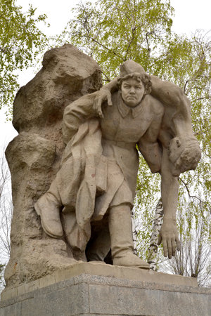 VOLGOGRAD, RUSSIA - APRIL 23, 2017: Sculptural composition "Nurse" at Heroes Square. Mamayev Kurganのeditorial素材