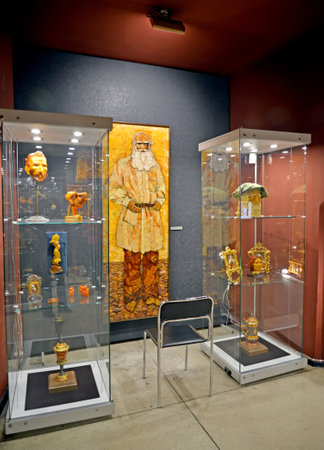 KALININGRAD, RUSSIA - MARCH 28, 2018: The amber panel "Leo Tolstoy" in an exposition of the museum of Amberのeditorial素材