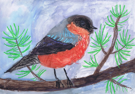 The bullfinch sits on a branch. Children's drawingの写真素材