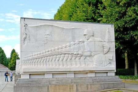 BERLIN, GERMANY - AUGUST 13, 2017: A bas-relief with the image of a system of the Soviet soldiers. The Soviet military memorial in Treptov-parkのeditorial素材