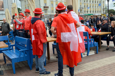 KALININGRAD, RUSSIA - JUNE 22, 2018: Fans of national team of Switzerland on Victory Squares, Kaliningrad. The FIFA World Cup in Russiaのeditorial素材