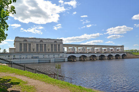 View of the Uglich hydroelectric power station in summer day. Uglich, Yaroslavl regionのeditorial素材