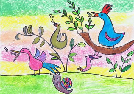 Spring singing of birds. Children's drawingの写真素材