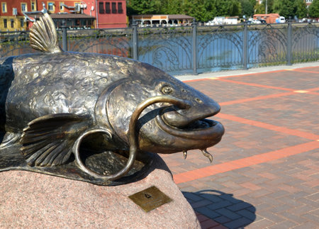 KALININGRAD, RUSSIA - AUGUST 17, 2018: Sculpture of som, fragment close up. Veteranov Embankmentのeditorial素材
