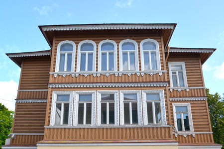 PETERHOF, RUSSIA - JULY 24, 2015: Facade of the wooden building of the former estate of I.A. Khrushchev (1870-1889)のeditorial素材