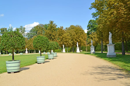 POTSDAM, GERMANY - AUGUST 14, 2017: The avenue with sculptures and laurel trees in the park of San Sushiのeditorial素材