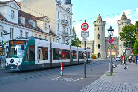 POTSDAM, GERMANY - AUGUST 14, 2017: The tram moves on Friedrich Ebert-strasse Streetのeditorial素材