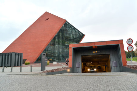 GDANSK, POLAND - AUGUST 24, 2018: The underground parking against the background of the building of the museum of World War IIのeditorial素材