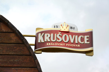 CZECH REPUBLIC - MAY 27, 2014: Sign of Krushowice breweryのeditorial素材