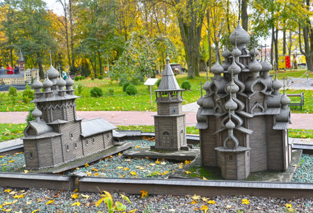 KALININGRAD, RUSSIA - OCTOBER 19, 2019: Layout of a wooden architecture complex in Kiji. History in Architecture Miniature Park. South Parkのeditorial素材