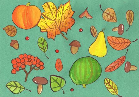 Print for fabric with pumpkin, mushrooms, leaves on green background. Children 's drawing, mixed techniqueの写真素材
